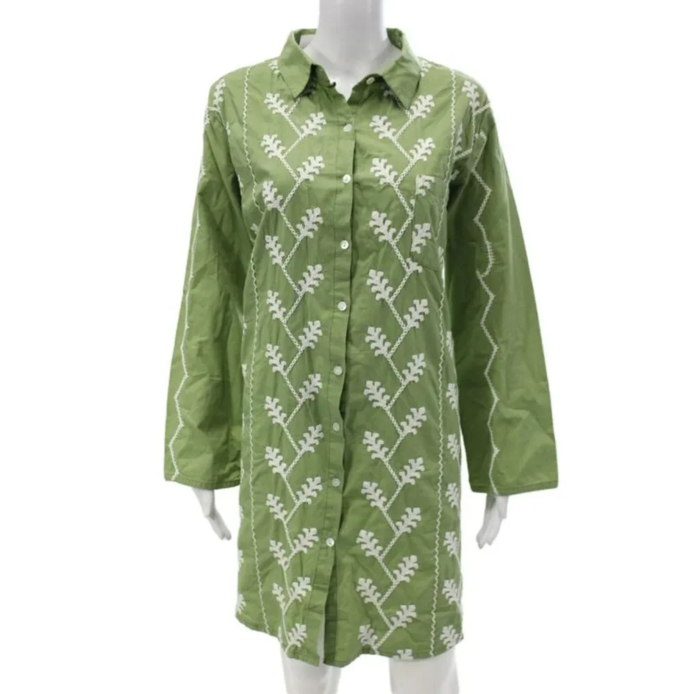Julia Amory Womens Shirt Dress Green Cotton Long Sleeve Button Boho Size XL